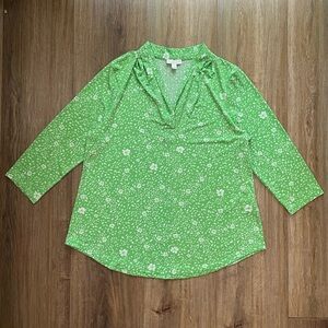 Lime/ White Floral Charter Club Blouse with Mandarin Collar and ¾ Sleeves